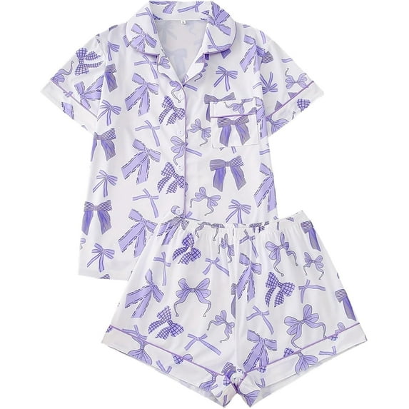 KinKnit New Valentines Pajamas for Women Cute Bow Heart Printed Pajamas 2 Piece Pajama Set Plus Soft Short Sleeve Button Down Sleepwear Pjs