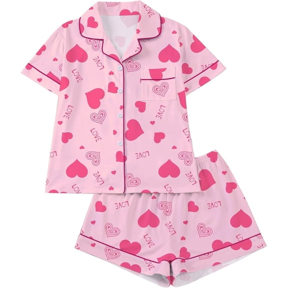 KinKnit New Valentines Pajamas for Women Cute Bow Heart Printed Pajamas 2 Piece Pajama Set Plus Soft Short Sleeve Button Down Sleepwear Pjs