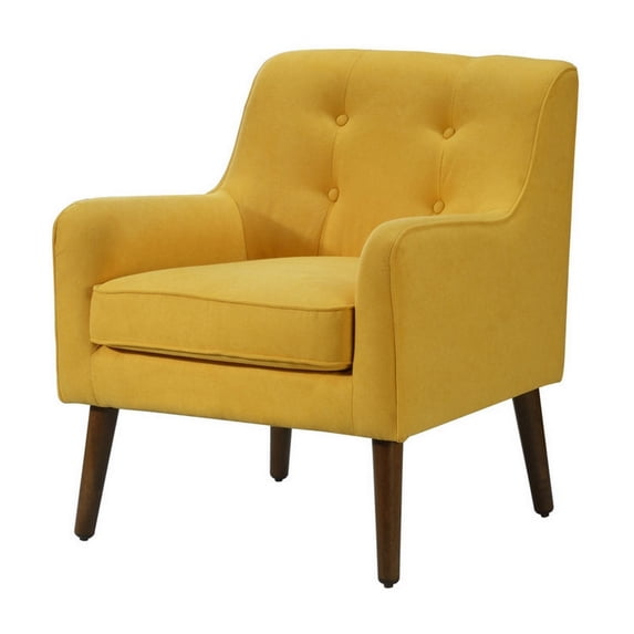 Kina 28 Inch Accent Chair, Yellow Fabric, Button Tufted, Angled Wood Legs- Saltoro Sherpi