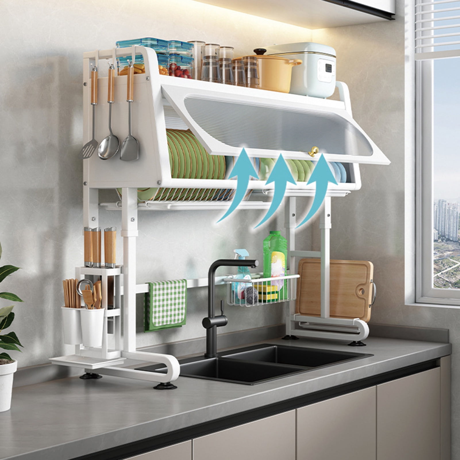 Kinaerty Dish Drying Rack Adjustable Height Over the Sink Dish Drainer ...