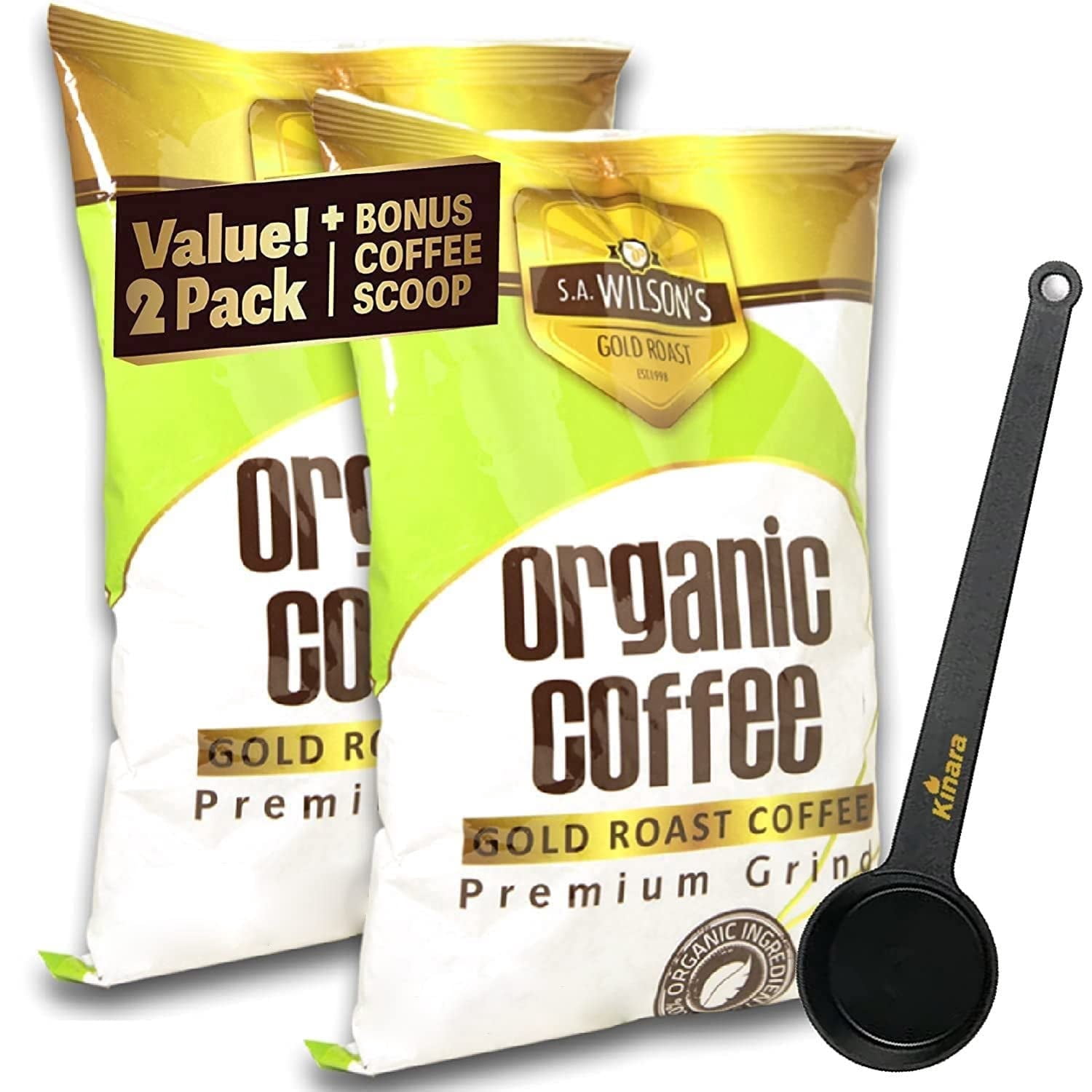 Kinara Organic  Gold Coffee with Scoop, High Caffeine (44 Higher Caffeine) by S.A. Wilson - Pack of 2 (3 Piece Set)