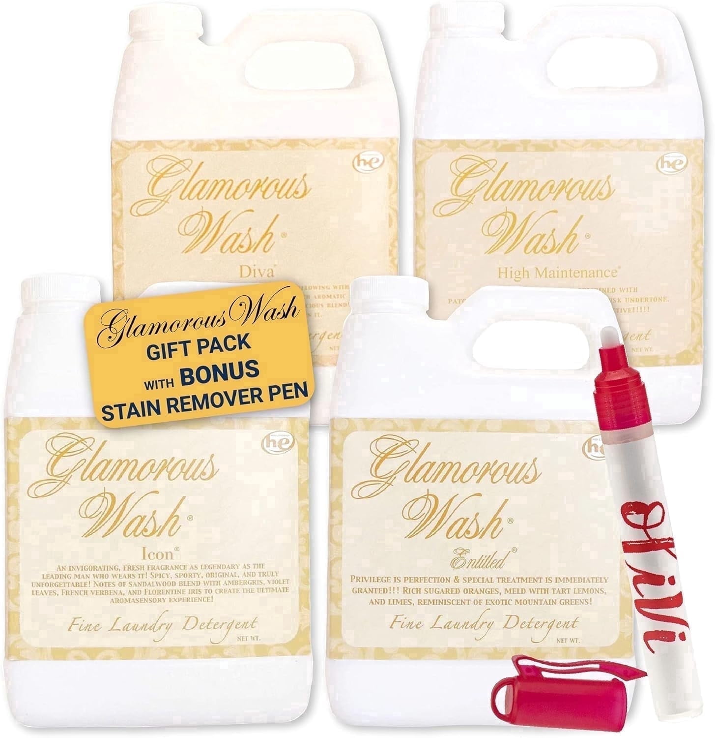 Kinara Tyler Glamorous Wash Liquid Laundry Detergent Gift Pack - Olivi Stain Remover Pen, For Washing Clothes, Linen, Lingerie, Expensive Fabric, Sheets - Pack of 4-4 fl oz each