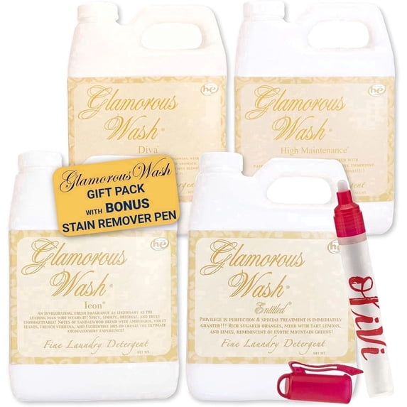 Kinara Tyler Glamorous Wash Liquid Laundry Detergent Gift Pack - Olivi Stain Remover Pen, For Washing Clothes, Linen, Lingerie, Expensive Fabric, Sheets - Pack of 4-4 fl oz each