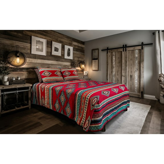 Kinara Western Bedding Set Queen Size - Southwestern Aztec Tribal Print Bed Spread Set - Cortez