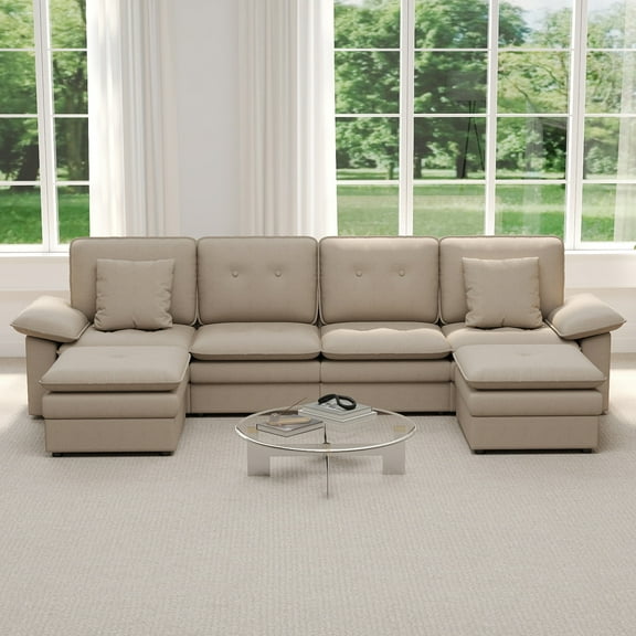 Kinbor 117" U-Shaped 6-Seater Modular Sectional Sofa Couch with Ottoman Convertible Design for Family, Khaki
