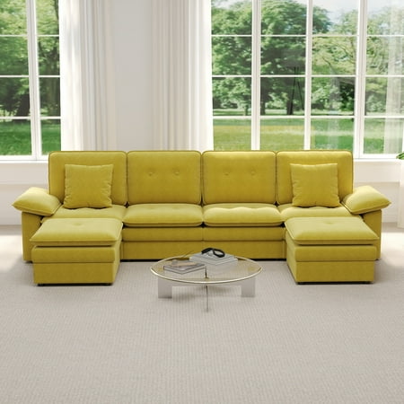 Kinbor 117" U-Shaped 6-Seater Modular Sectional Sofa Couch with Ottoman Convertible Design for Family, Yellow