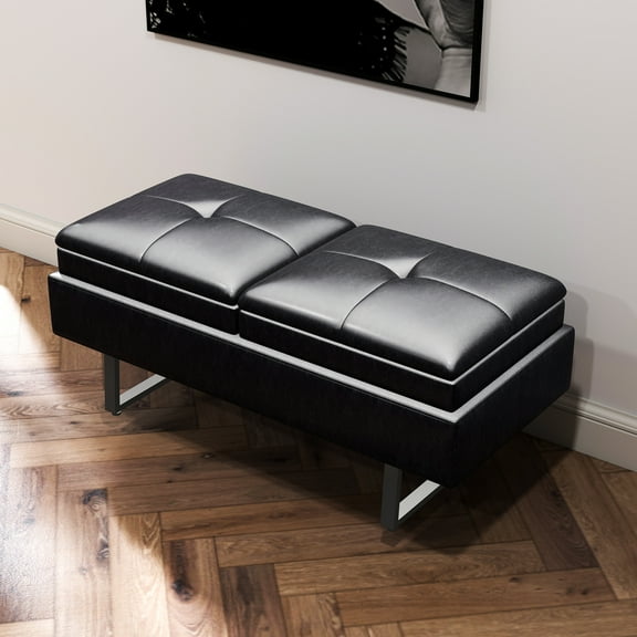 Kinbor 2-Seat Waiting Room Bench, Office Waiting Room Chairs Leather Bench Modern Entryway Bench for Office Barber Store Nail Salon, Black