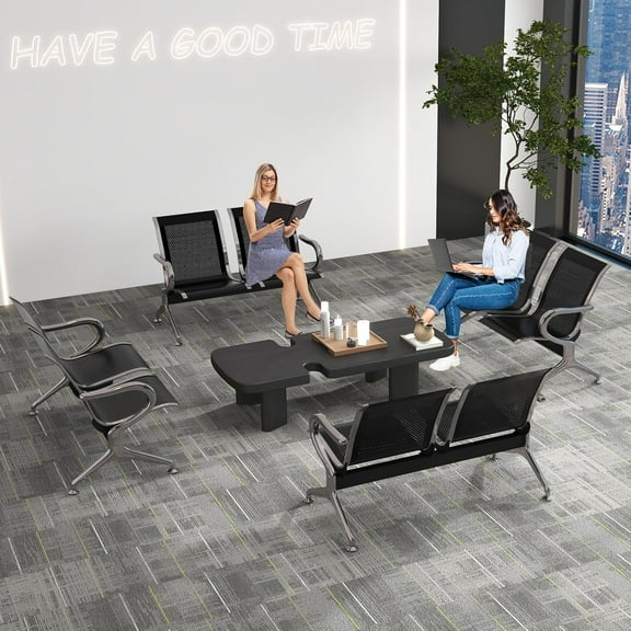 Kinbor 2-Seat Waiting Room Chair Bench Set- Office Guest Benches Reception Chairs with Arms for Airport, Hospital, Bank, Salon, Barbershop, Hall, Room Conference(Black Mesh, Set of 4)