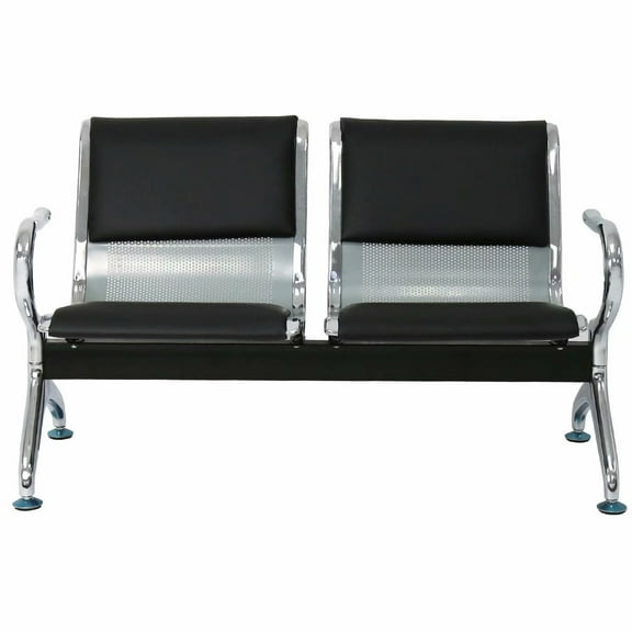 Kinbor 2 Seats PU Leather Office Guest Reception Bench Waiting Room Chairs Black Steel