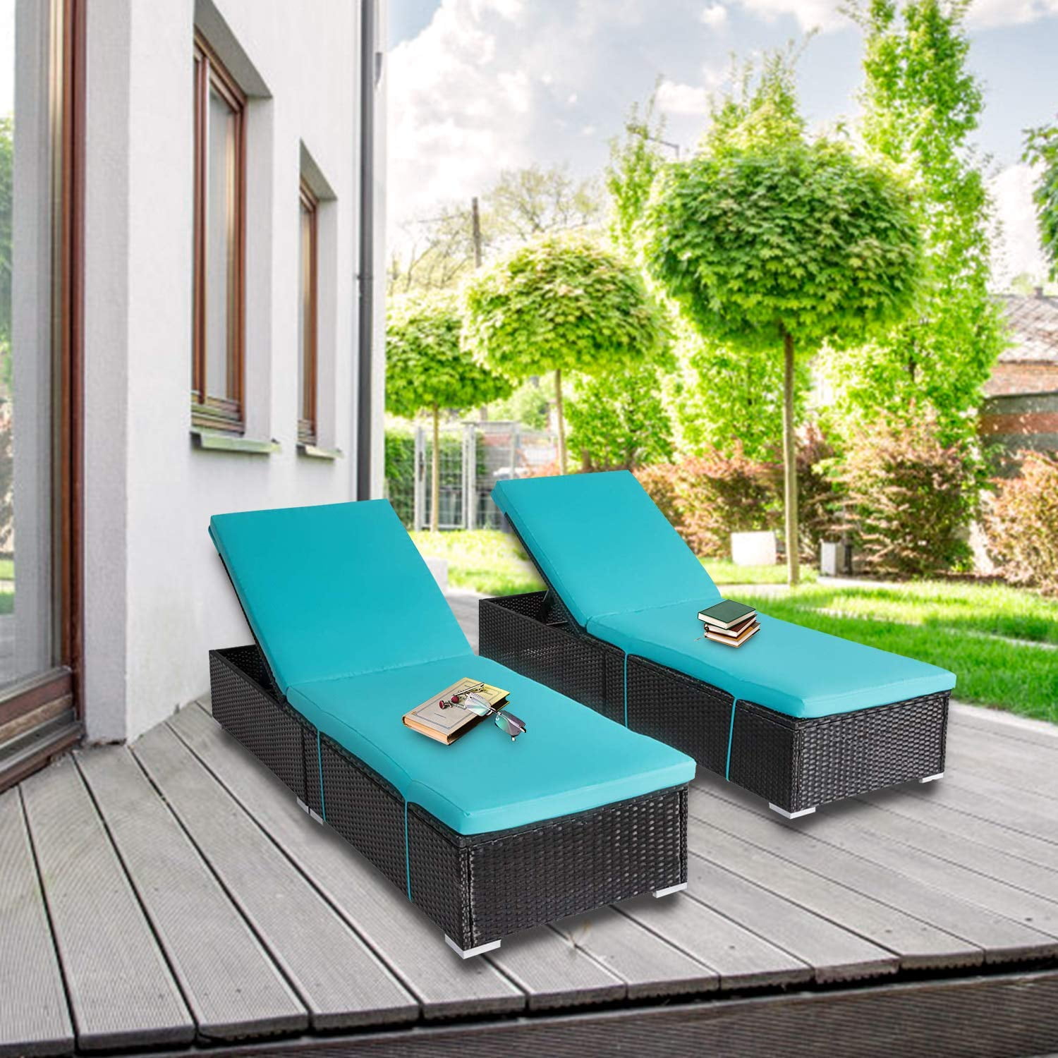 Kinbor 2Pcs Outdoor Patio Adjustable Black PE Wicker Pool Chaise Lounge