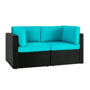 Kinbor 2pcs Outdoor Patio Rattan Wicker Furniture Sectional Sofa Set with Blue Cushions