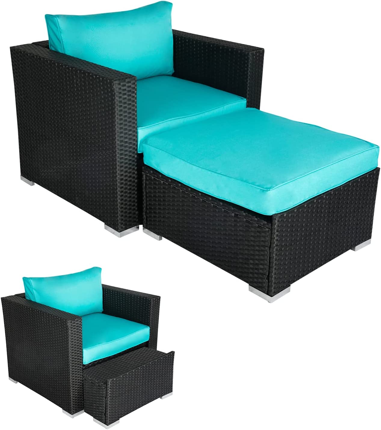 Kinbor 2pcs Outdoor Sofa Furniture PE Wicker Lounge Chair with Ottoman Sectional Conversation Set, Wicker Patio Sofa Sets, Blue - image 1 of 7