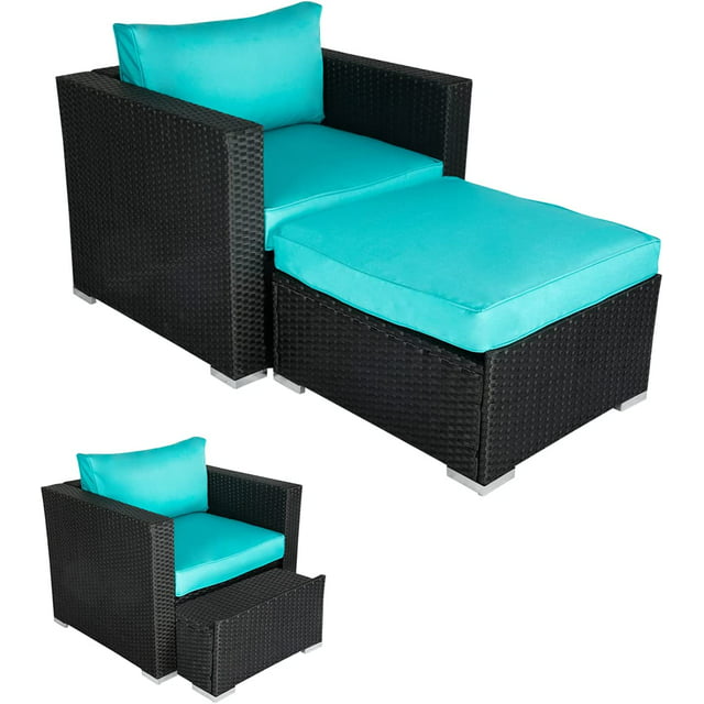 Kinbor 2pcs Outdoor Sofa Furniture PE Wicker Lounge Chair with Ottoman Sectional Conversation Set, Wicker Patio Sofa Sets, Blue