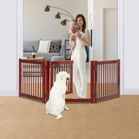 Kinbor 3 Panels Foldable Wooden Pet Gate for Dogs with 2 PCs Support Feet Dog Barrier, 82.2 Inch Wide, Cherry