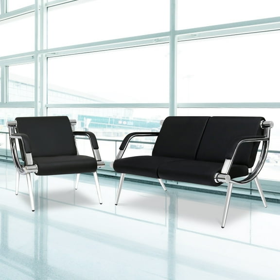 Kinbor 3-Seat Office Reception Waiting Room Chair, 2Pcs Office Guest Chairs & Reception Chairs PU Leather Seat, Black
