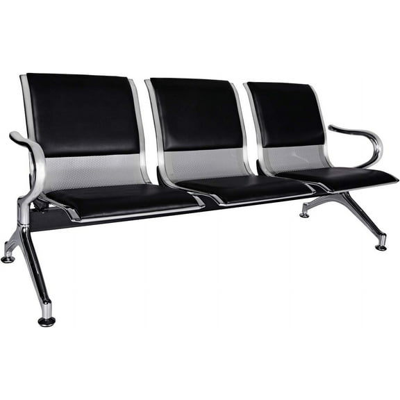 Kinbor 3-Seat PU Leather Waiting Area Bench Seating Barbershop Waiting Chairs Lobby Chairs for Airport Bank Hospital, Black