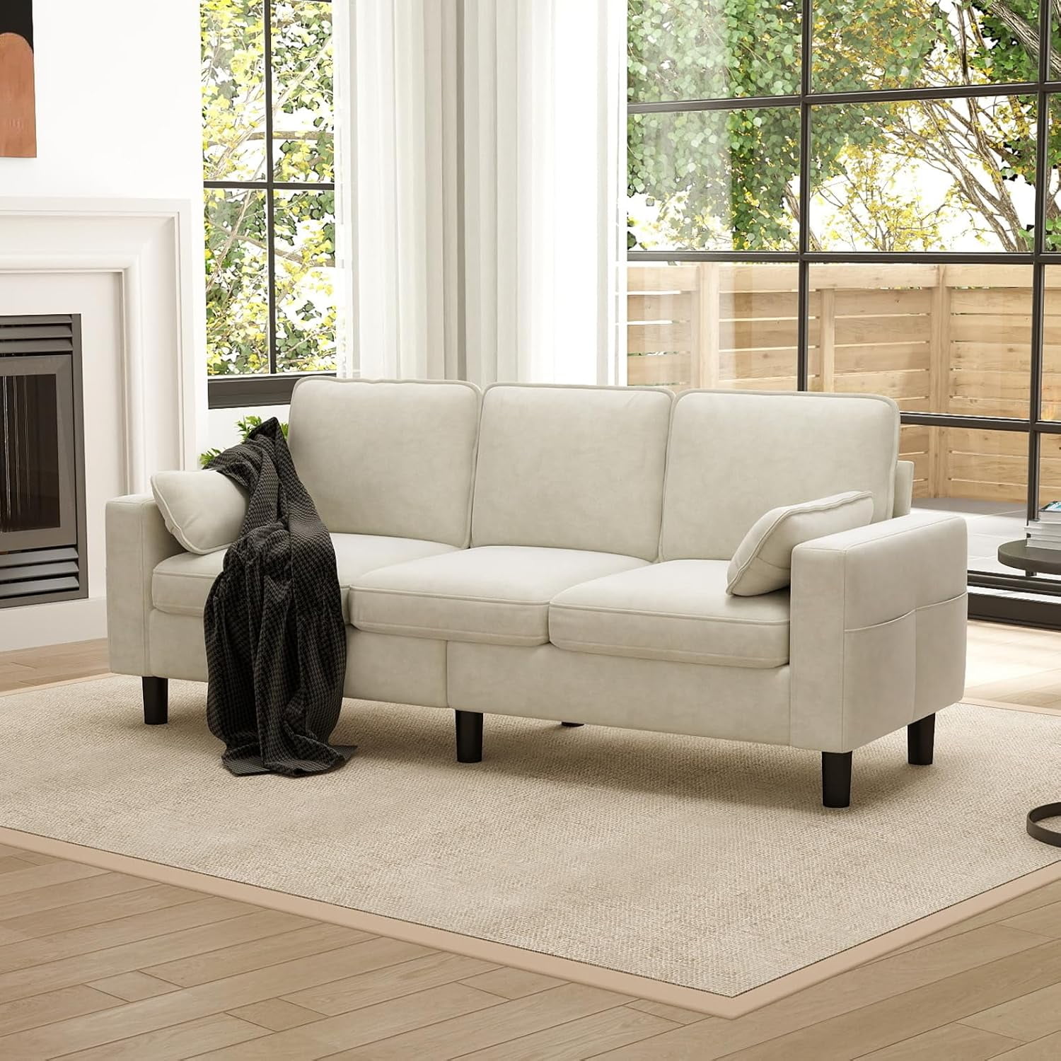 Kinbor Multi-Functional 3-Seater Sofa Chair, Modern Accent Chairs Comfy Living Room Chair with Cushions & Side Pocket, Beige