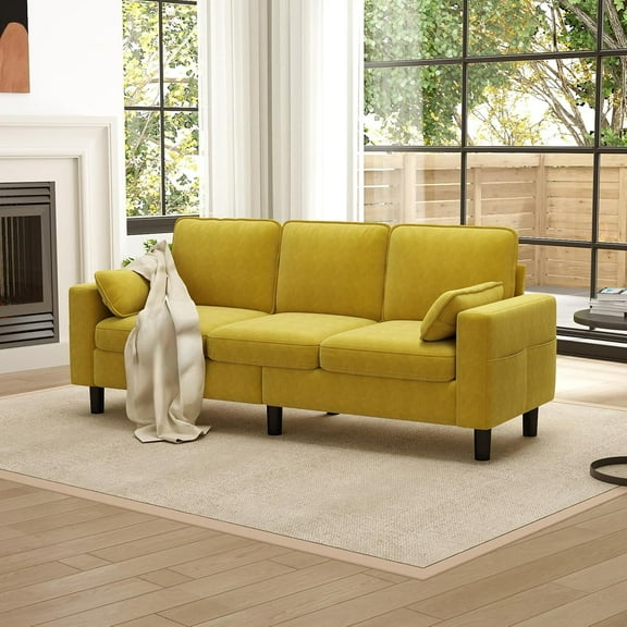 Kinbor Multi-Functional 3-Seater Sofa Chair, Modern Accent Chairs Comfy Living Room Chair with Cushions & Side Pocket, Yellow