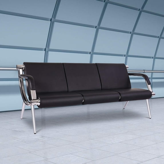 Kinbor 3 Seats PU Leather Office Guest Reception Bench, Black Steel Frame