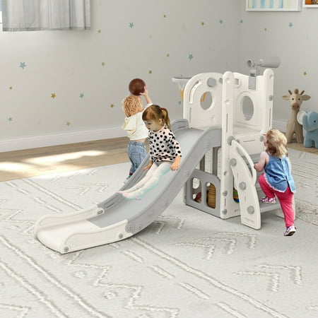 Kinbor 6 in 1 Toddler Slide Kids Climbe Slide Set with Basketball Hoop Gray