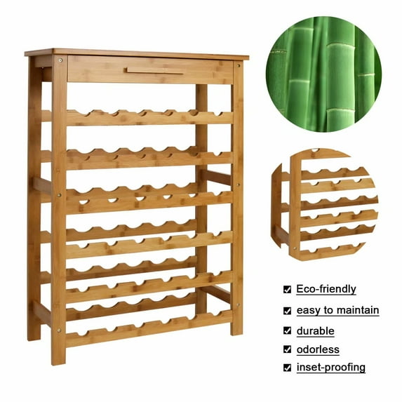 Kinbor 36-Bottle Bamboo Wine Rack Storage Countertop Free Standing with Drawer