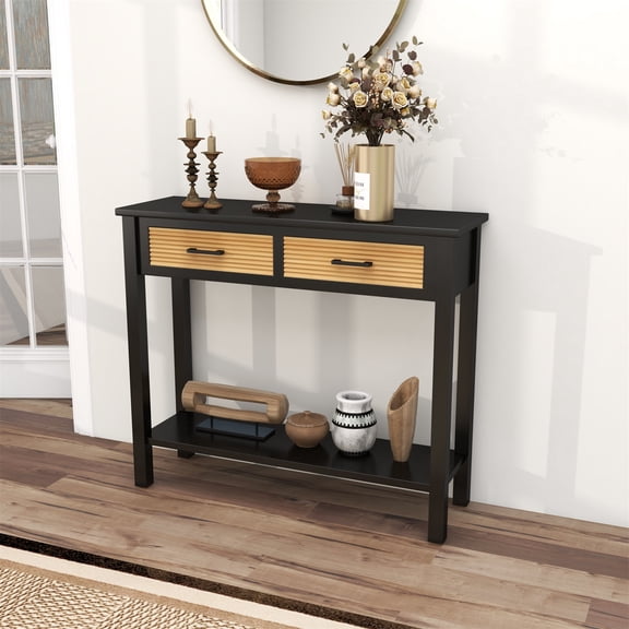 Kinbor 38 Inch Long Console Table Entryway Table, Wooden Behind the Couch Table with 2 Drawers & Open Shelf, Black