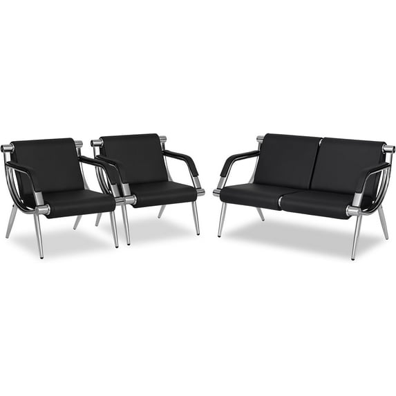 Kinbor 4-Seat Airport Reception Chairs Waiting Benches PU Leather Reception Bench for Airport Barbershop Hospital, Black