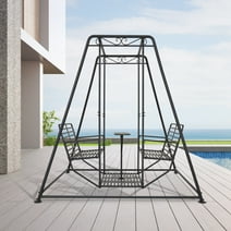 Kinbor 4-Seat Outdoor Metal Swing Bench, Heavy Duty Outdoor Swing Chair with Table&Stand, 880lbs Weight Capacity, Black