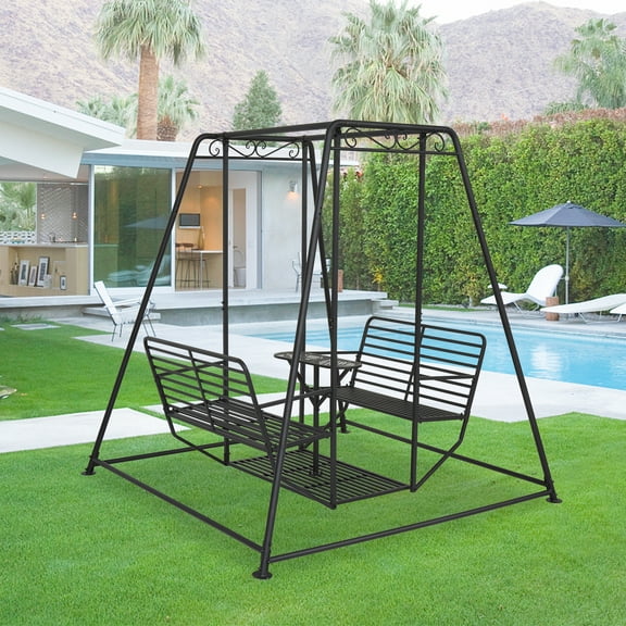 Kinbor 4-Seat Outdoor Metal Swing Chair, Heavy Duty Outdoor Swing Bench with Stand&Table, 880lbs Weight Capacity, Black