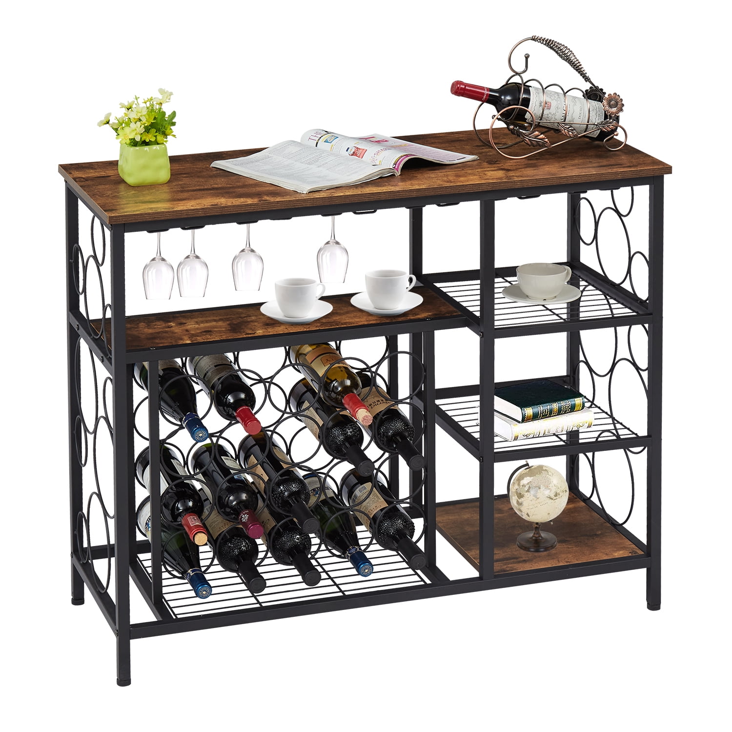 Kinbor 4Tier Wine Rack Bar Cart w/Glass Bottle Holders Shelves for