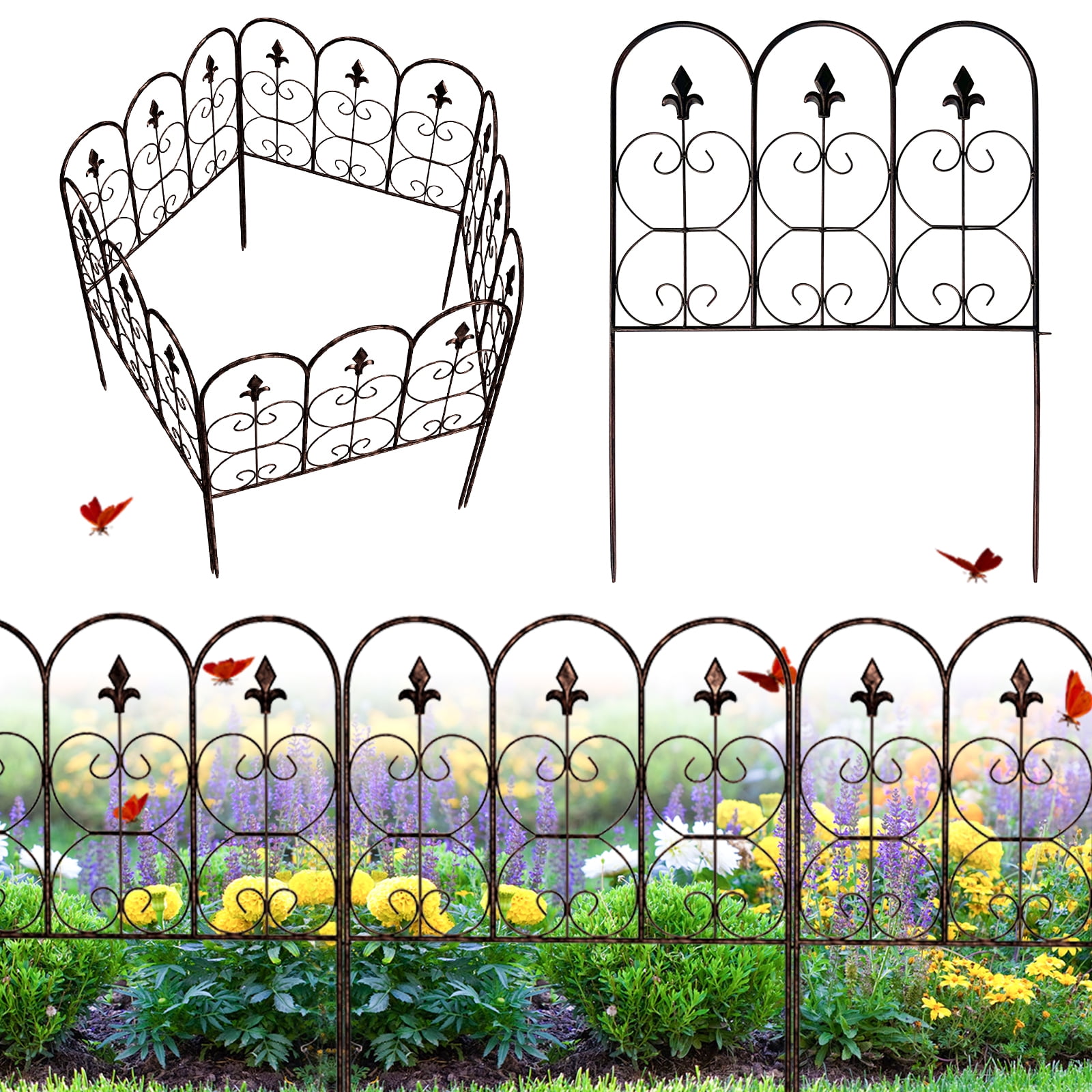 Kinbor 5 Panels Decorative Garden Fence Border, 31.7in (H) x 10ft (L) Metal Garden Fencing Animal Barrier for Dogs, Black Gold