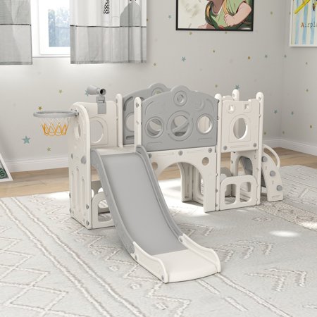 Kinbor 8-in-1 Kids Combination Slides Climbing Basketball Hoop Set, Gray