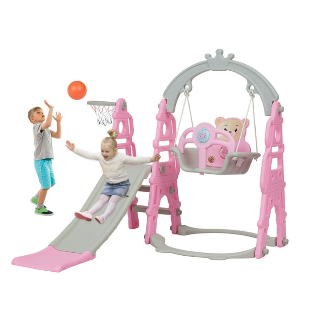 Kinbor 5in1 Kids Combination Slides Climbing Basketball Hoop and