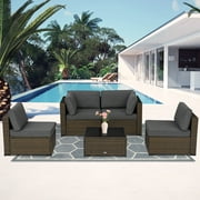 Kinbor 5pcs Outdoor Patio Furniture Set Wicker Sectional Sofa Conversation Chair Sofa Set with Cushions, Gray