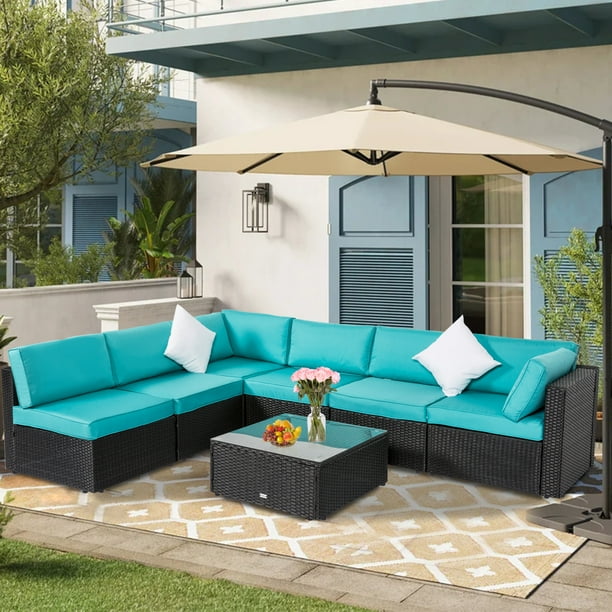 Kinbor 7pcs Outdoor Patio Furniture Set Wicker Sectional Sofa Conversation Chair Sofa Set with Cushions and Coffee Table Turquoise