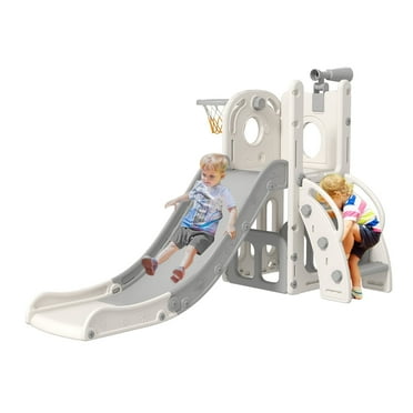 Kinbor 6 in 1 Toddler Playset Slide for Toddlers Age 1-3, Indoor/Outdoor Toddler Playground Kids Slide Baby Climber Playset with Basketball Hoop and Telescope, White&Gray
