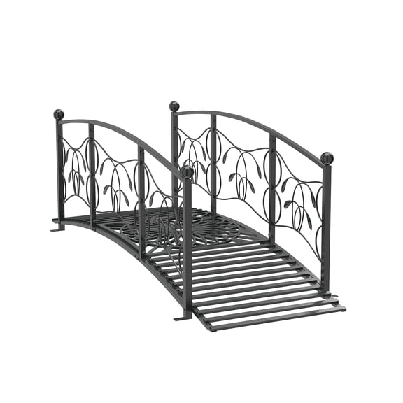 Kinbor 6 Ft Garden Bridge - Metal Footbridge for Outdoors, Safety Side Rails with Fashionable Patterns, Decorative Garden Arch Walkway for Stream, Creek, Pond, Black