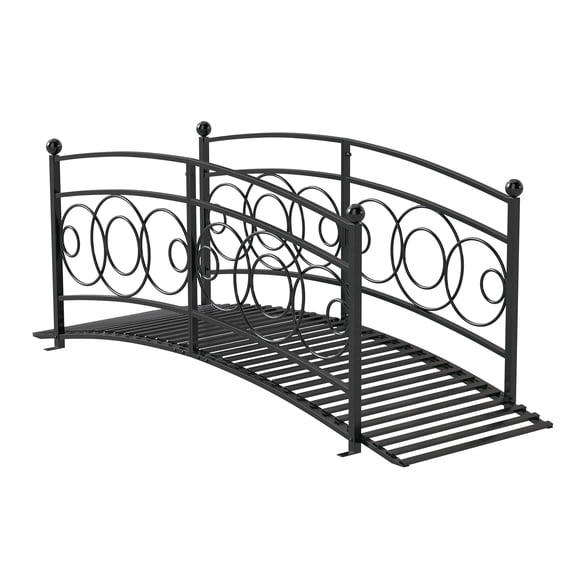 Kinbor 6 Ft Garden Bridge - Metal Footbridge for Outdoors, Safety Side Rails with Fashionable Patterns, Decorative Garden Arch Walkway for Stream, Pond, Creek, Black