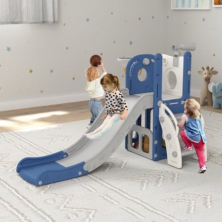 Kinbor 6-in-1 Kids Combination Slides Climbing Basketball Hoop Set, Blue