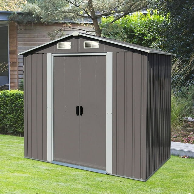 Kinbor Large Metal 6' x 4' Outdoor Steel Storage Shed in Warm Grey with ...