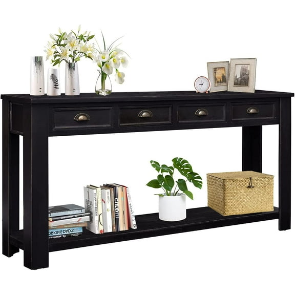 Kinbor 60'' Console Table Entryway Hallway Decoration Drawers Shelf Painted Black Rustic