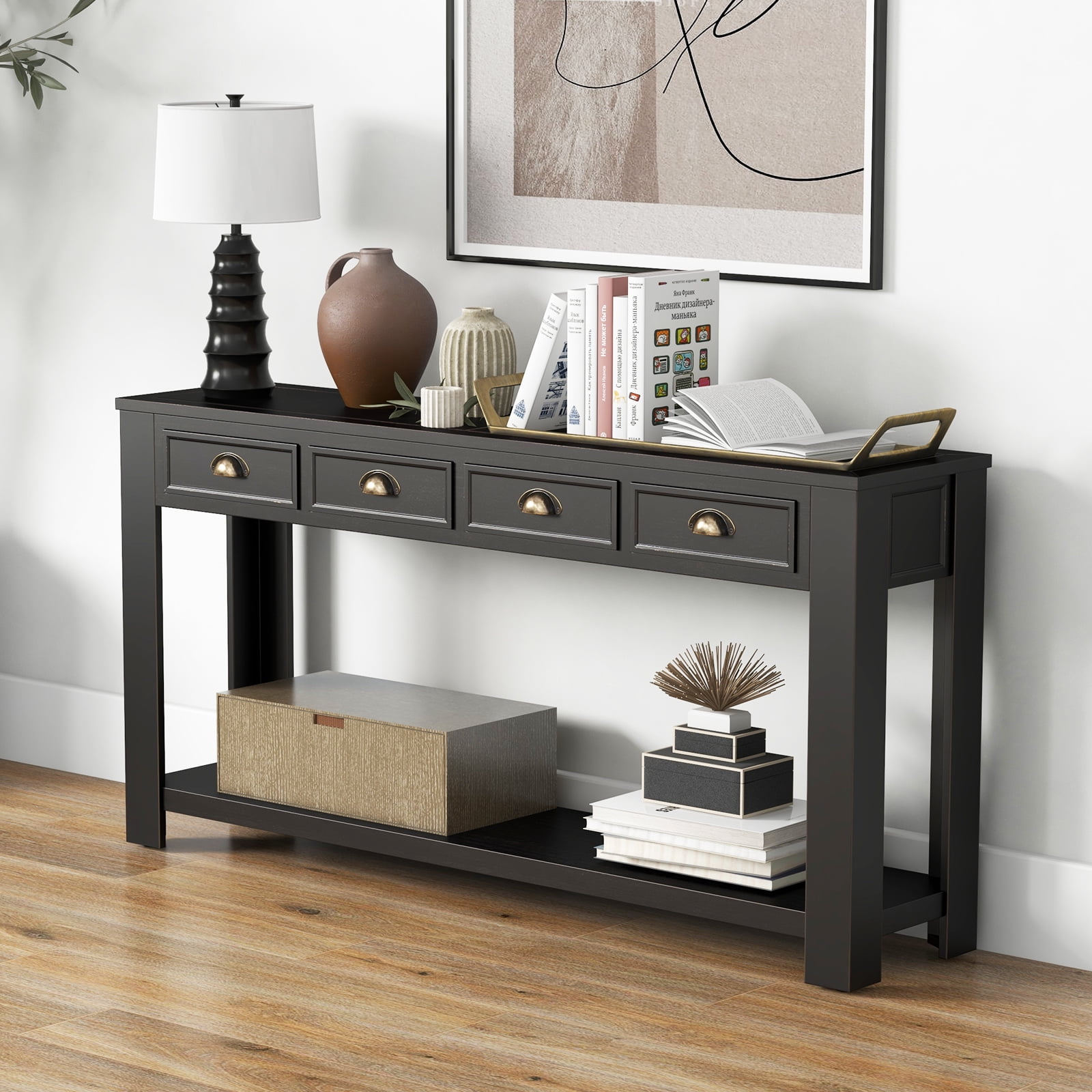 Kinbor 60 Console Tables Long Sofa Table with 4 Drawers Modern Entryway Table with Storge Shelf Black Walmart