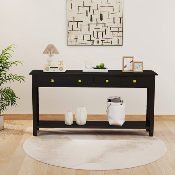 Kinbor 60" Long Console Table Narrow Sofa Table, Modern Entryway Table with 4 Drawers & Storage Shelf, Black