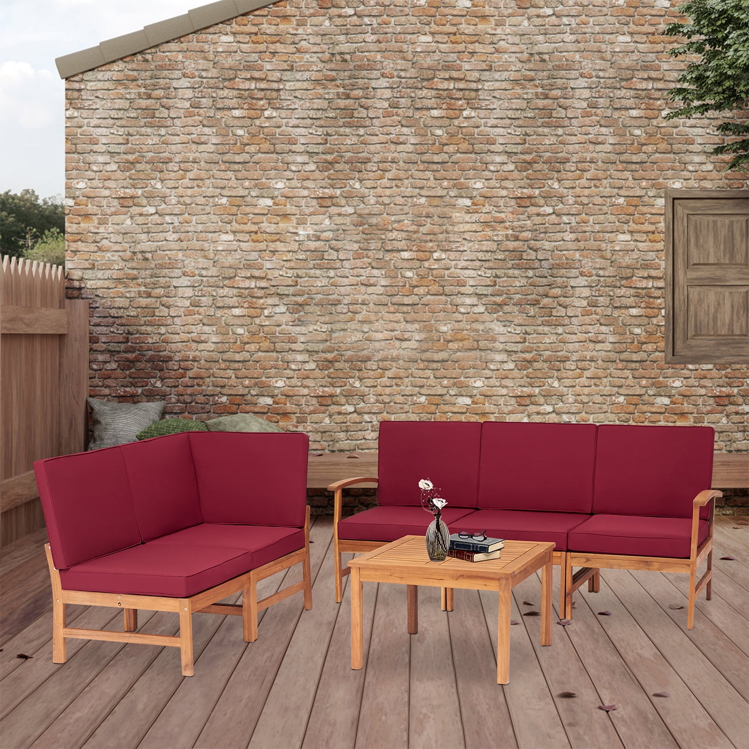 Kinbor 6Pcs Outdoor Patio Furniture Sectional Acacia Wood Sofa Set Red