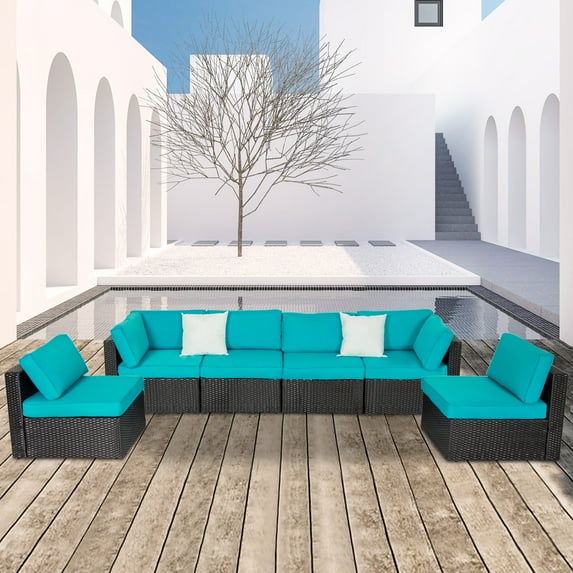 Kinbor 6pcs Outdoor Patio Furniture Set Wicker Sectional Sofa with Cushions, Turquoise
