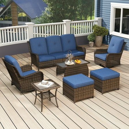 Kinbor 7 Pieces Wicker Patio Furniture Set, Outdoor Furniture Sets with Rocking Swivel Chairs & 3-Seat Sofa with 2 Ottoman, Wicker Rattan Sectional Conversation Set, Dark Blue
