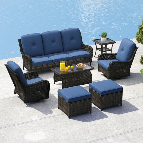 Kinbor 7 Pieces Wicker Patio Furniture Set, Wicker Rattan Sectional Conversation Set with Rocking Swivel Chairs & 3-Seat Sofa, Outdoor Furniture Sets with 2 Ottoman, Dark Blue