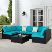 Kinbor 7PCS Outdoor Patio Rattan Wicker Furniture Set Sectional Sofa Couch Cushioned, Turquoise