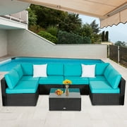 Kinbor 7PCS Patio Furniture Set Outdoor Sectional Sofa Lawn Conversation Sets Wicker Rattan Chair, Turquoise