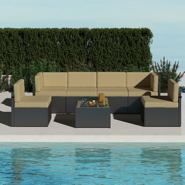 Kinbor 7PCS Patio Furniture Set Outdoor Sectional Sofa Lawn Conversation Sets Wicker Rattan Chair with Cushions, Khaki